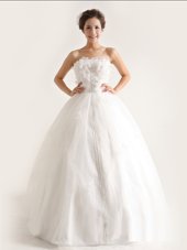 Extravagant White A-line Organza Strapless Sleeveless Appliques Floor Length Lace Up Bridal Gown