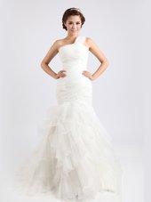 Dazzling Ruffled Brush Train Mermaid Wedding Dresses White One Shoulder Organza Sleeveless With Train Zipper
