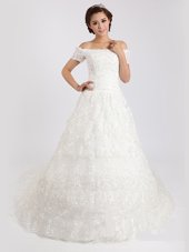 Beauteous Off the Shoulder White Lace Lace Up Bridal Gown Short Sleeves With Train Court Train Lace