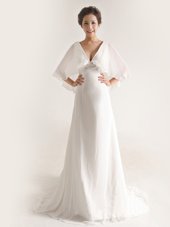 Exceptional With Train Empire Half Sleeves White Bridal Gown Brush Train Zipper