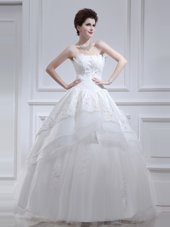 Spectacular White Wedding Dress Wedding Party and For with Beading and Appliques and Ruffled Layers Strapless Sleeveless Lace Up