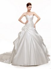 Custom Made Pick Ups White Sleeveless Satin Chapel Train Lace Up Wedding Dress for Wedding Party