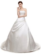 Gorgeous Ruching Wedding Dresses White Lace Up Sleeveless With Train Court Train