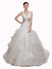 Pick Ups With Train White Wedding Gowns V-neck Sleeveless Court Train Lace Up