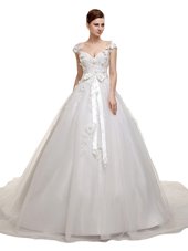 Artistic White A-line Tulle V-neck Sleeveless Appliques and Sashes|ribbons With Train Lace Up Wedding Dress Chapel Train