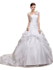 White Wedding Gowns Wedding Party and For with Ruching and Pick Ups Strapless Sleeveless Court Train Lace Up