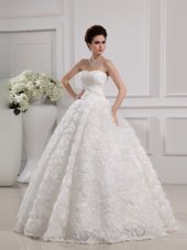 Colorful White A-line Sweetheart Sleeveless Fabric With Rolling Flowers Floor Length Lace Up Lace Wedding Dress