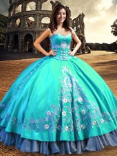 Great Aqua Blue Ball Gowns Sweetheart Sleeveless Taffeta Floor Length Lace Up Embroidery Sweet 16 Dress
