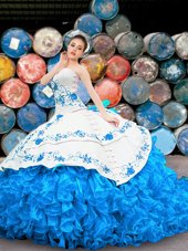 Pretty Blue And White Ball Gowns Organza Halter Top Sleeveless Appliques and Embroidery and Ruffles Floor Length Lace Up Vestidos de Quinceanera