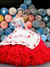 Luxury White And Red Ball Gowns Organza Sweetheart Sleeveless Appliques and Embroidery and Ruffles Floor Length Lace Up Sweet 16 Quinceanera Dress
