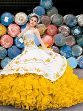 Customized Yellow And White Sweetheart Neckline Appliques and Embroidery and Ruffles Quinceanera Dresses Sleeveless Lace Up