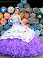 Cute Sleeveless Floor Length Appliques and Embroidery and Ruffles Lace Up Sweet 16 Dress with White And Purple