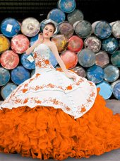 Great Orange Sweetheart Neckline Appliques and Embroidery and Ruffles Quinceanera Gown Sleeveless Lace Up
