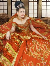 Attractive Off the Shoulder Orange Sleeveless Embroidery Floor Length Quinceanera Dress