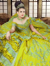 Perfect Light Yellow Off The Shoulder Lace Up Embroidery Quinceanera Dress Sleeveless