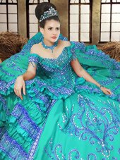 Classical Turquoise Off The Shoulder Neckline Embroidery Sweet 16 Dress Sleeveless Lace Up
