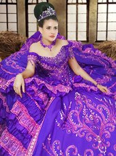 Customized Lavender Ball Gowns Off The Shoulder Sleeveless Satin Floor Length Lace Up Embroidery 15 Quinceanera Dress