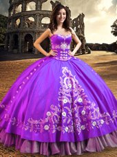 Fancy Floor Length Lace Up Quince Ball Gowns Purple and In for Military Ball and Sweet 16 and Quinceanera with Embroidery