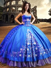Customized One Shoulder Royal Blue Ball Gowns Lace and Embroidery Quinceanera Gowns Lace Up Satin Sleeveless Floor Length