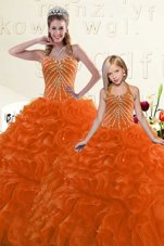 Cute Orange Lace Up Quinceanera Gowns Beading and Ruffles Sleeveless Floor Length