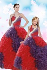Coral Red Ball Gowns Fabric With Rolling Flowers Strapless Sleeveless Beading Floor Length Lace Up Sweet 16 Quinceanera Dress
