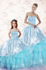Great Baby Blue Sleeveless Embroidery and Ruffled Layers Floor Length Quince Ball Gowns