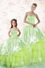 Fancy Yellow Green Lace Up Sweetheart Embroidery and Ruffled Layers Quince Ball Gowns Organza Sleeveless