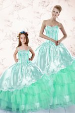 Apple Green Organza Lace Up Ball Gown Prom Dress Long Sleeves Floor Length Embroidery and Ruffled Layers