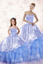 Sweetheart Sleeveless Quinceanera Dress Floor Length Beading and Ruffled Layers Baby Blue Organza