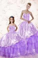 Luxury Lavender Organza Lace Up Quinceanera Dress Sleeveless Floor Length Embroidery and Ruffled Layers