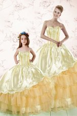 Best Selling Embroidery and Ruffled Layers Quinceanera Dresses Gold Lace Up Sleeveless Floor Length