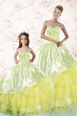 Cute Light Yellow Sweetheart Neckline Embroidery and Ruffled Layers Ball Gown Prom Dress Sleeveless Lace Up