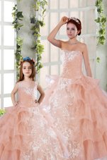 Sweet Ruffled Strapless Sleeveless Lace Up Ball Gown Prom Dress Peach Organza