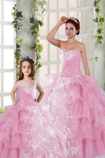 Exquisite Rose Pink Organza Lace Up Quince Ball Gowns Sleeveless Floor Length Beading and Ruffled Layers and Ruching