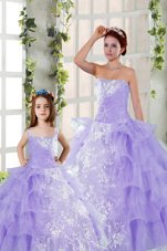 Noble Lavender Ball Gowns Embroidery and Ruffled Layers Quinceanera Dresses Lace Up Organza Sleeveless Floor Length