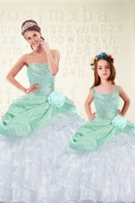 Sexy Floor Length Lace Up Quinceanera Dresses Apple Green and In for Military Ball and Sweet 16 and Quinceanera with Beading and Ruffles and Hand Made Flower