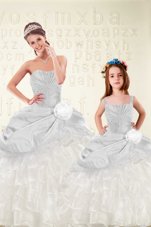Latest Silver Ball Gowns Sweetheart Sleeveless Organza and Taffeta Floor Length Lace Up Beading and Ruffled Layers and Hand Made Flower Sweet 16 Dress