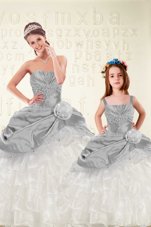 High Quality Grey Organza and Taffeta Lace Up Sweetheart Sleeveless Floor Length 15th Birthday Dress Beading and Ruffled Layers and Hand Made Flower
