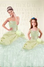 Sweet Floor Length Yellow Green Quinceanera Gown Organza and Taffeta Sleeveless Beading and Ruffled Layers and Hand Made Flower