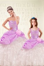 Stylish Beading and Ruffled Layers and Hand Made Flower 15 Quinceanera Dress Lilac Lace Up Sleeveless Floor Length