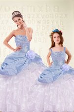 Traditional Light Blue Lace Up Ball Gown Prom Dress Beading and Ruffled Layers and Hand Made Flower Sleeveless Floor Length