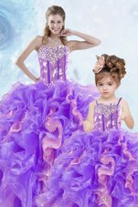 Suitable Sleeveless Floor Length Beading and Ruffles and Sequins Lace Up Quinceanera Dresses with Multi-color