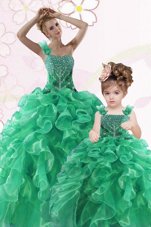 One Shoulder Floor Length Green 15 Quinceanera Dress Organza Sleeveless Beading and Ruffles