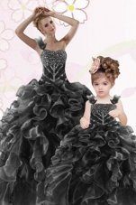 Comfortable One Shoulder Black Organza Lace Up Sweet 16 Quinceanera Dress Sleeveless Floor Length Beading and Ruffles