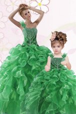 Hot Sale Green Ball Gowns Organza One Shoulder Sleeveless Beading and Ruffles Floor Length Lace Up 15 Quinceanera Dress