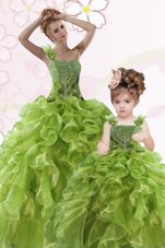Sweet One Shoulder Green Sleeveless Beading and Ruffles Floor Length Sweet 16 Dresses