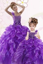 Purple Organza Lace Up Quince Ball Gowns Sleeveless Floor Length Beading and Ruffles
