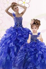 Free and Easy One Shoulder Royal Blue Sleeveless Beading and Ruffles Floor Length Vestidos de Quinceanera
