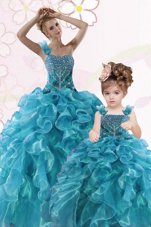 Exquisite Teal One Shoulder Neckline Beading and Ruffles 15 Quinceanera Dress Sleeveless Lace Up