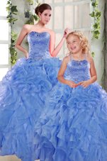 Most Popular Sleeveless Floor Length Beading and Ruffles Lace Up Quinceanera Gowns with Blue